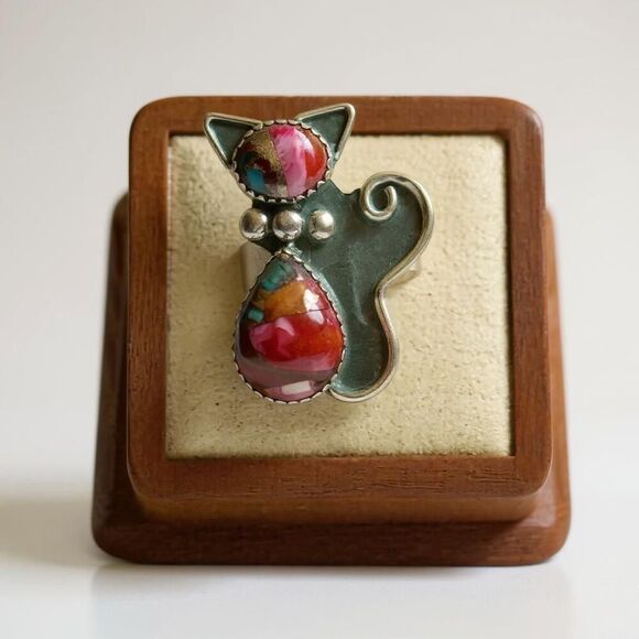 Spiny Pink Dahlia Turquoise Cat Adjustable Ring Artisan Handmade Sterling Silver - Picture 1 of 6